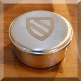 S18. Woodbury Pewter trinket box with shield on top. 3.5”w - $14